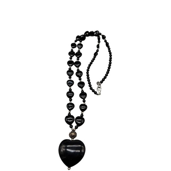 Danbury Mint Sterling Black Onyx Heart Pendant Necklace Beaded Gemstone 925 24" - Picture 15 of 16
